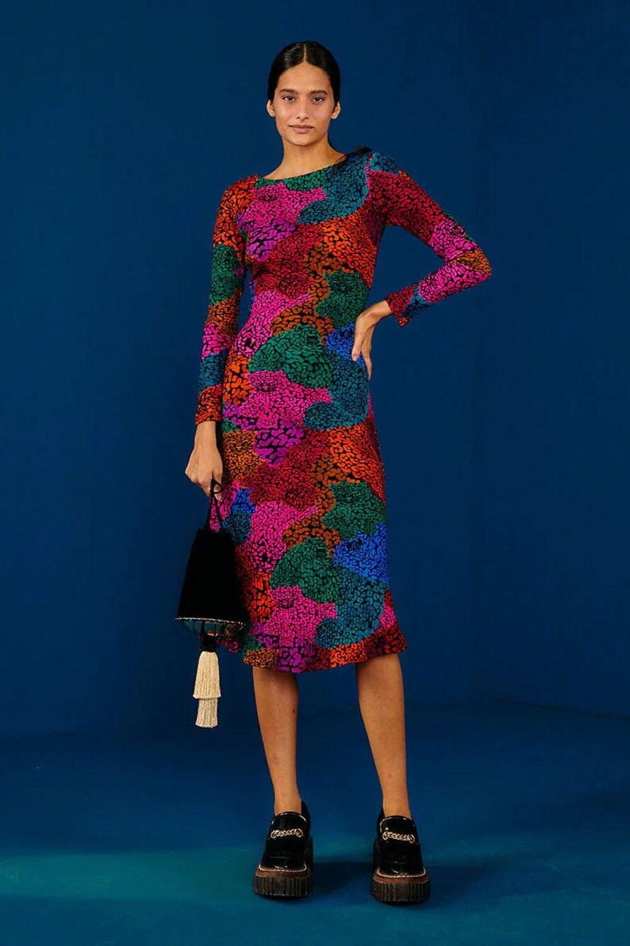 Farm Rio Dress Midi, Rainbow Leopard Jersey Dress, Small, New!